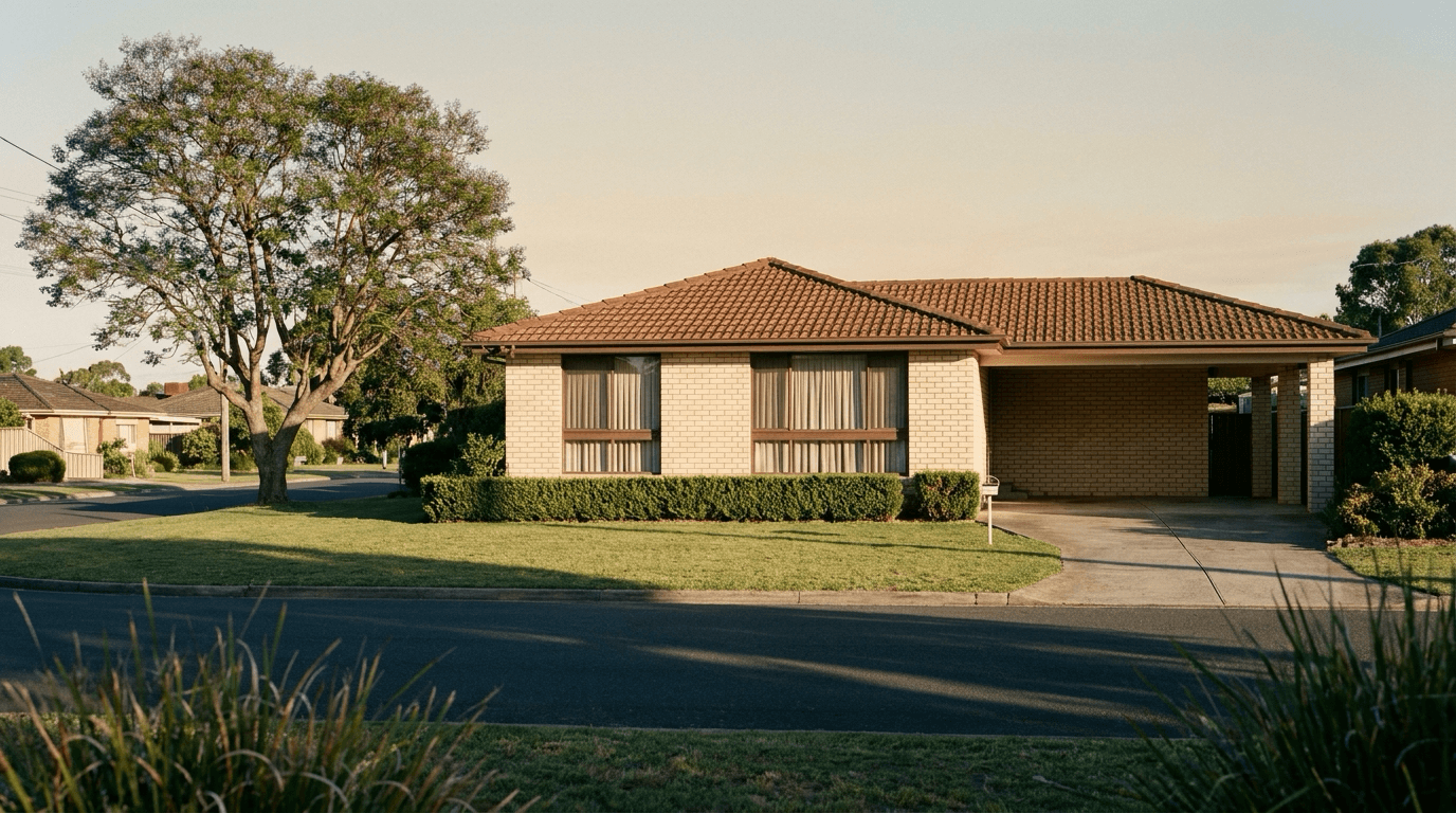 A cared-for 1970s cream brick Australian suburban home in late afternoon light, curtains drawn, jacaranda shadows across the lawn