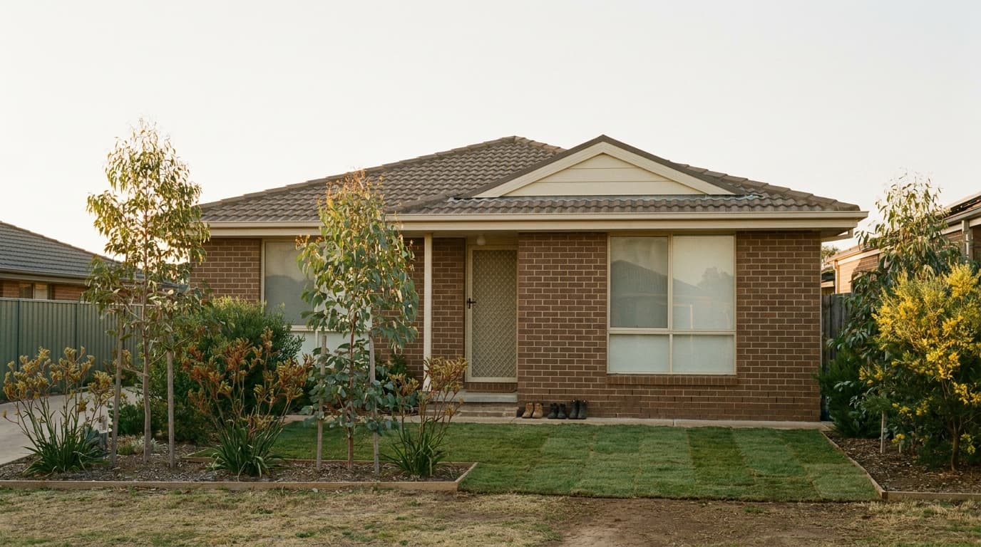 Young Australian couple's first suburban home at golden hour — evoking first home buyer journey across states
