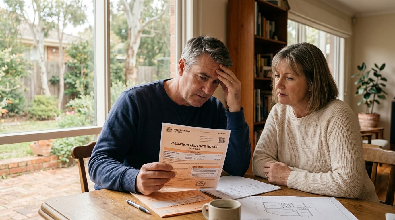 Australian couple reviewing a Valuer-General rate and valuation notice at home — challenging a council land valuation